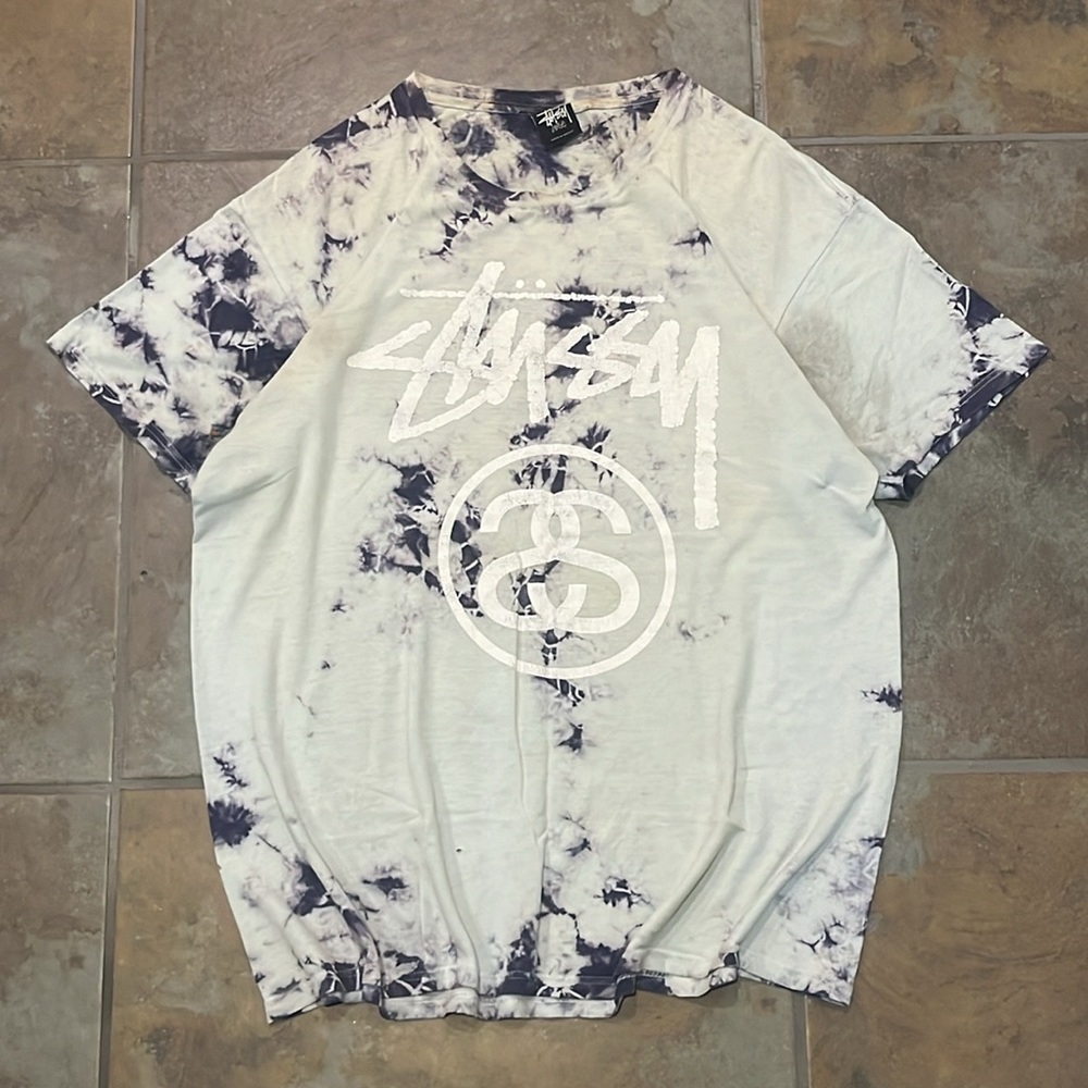 Vintage thrashed stussy large baggy tee, stained, torn, tie die blue